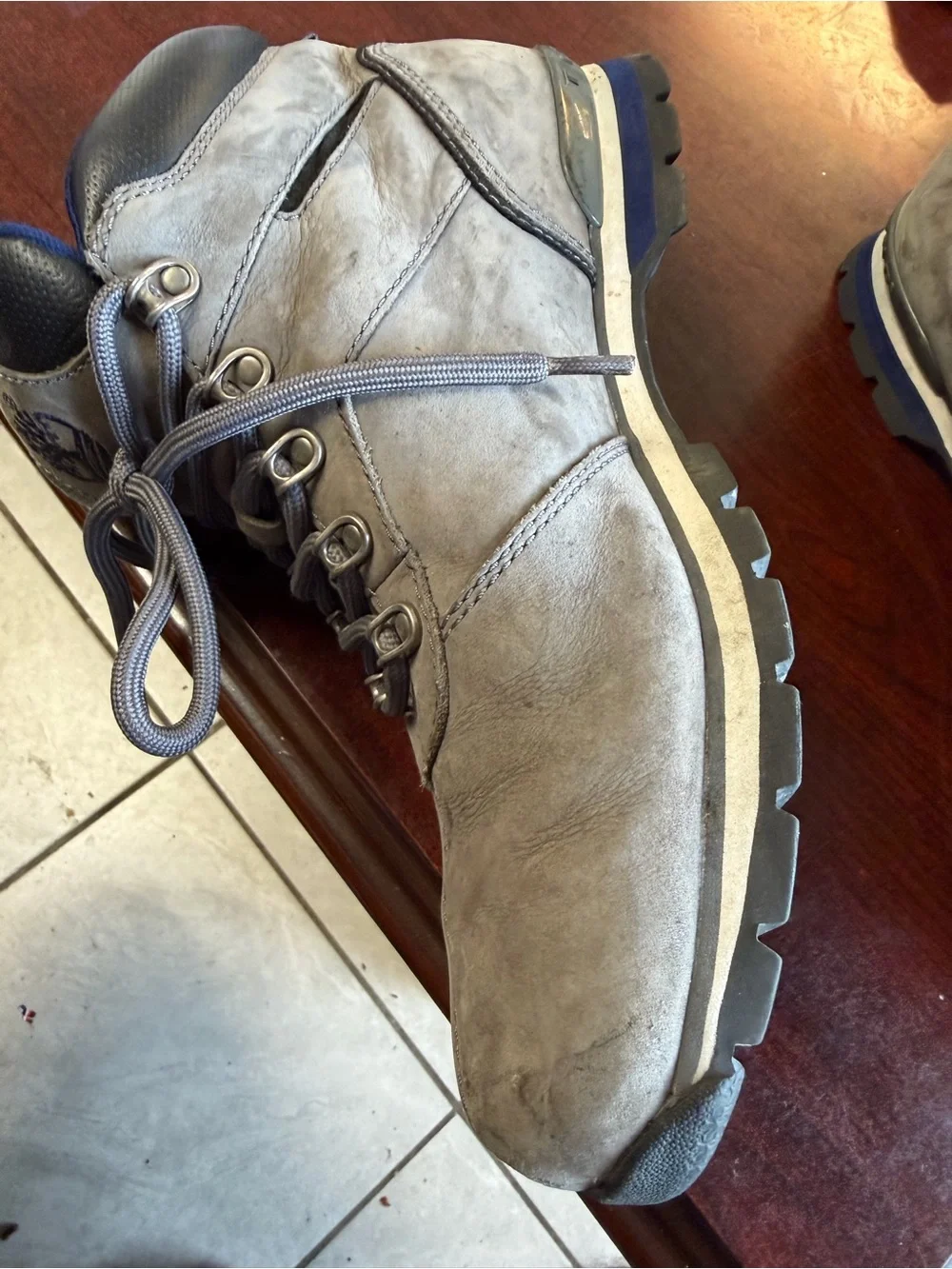 Timberland Gray Leather Lace-Up Hiking Boots with Blue Trim